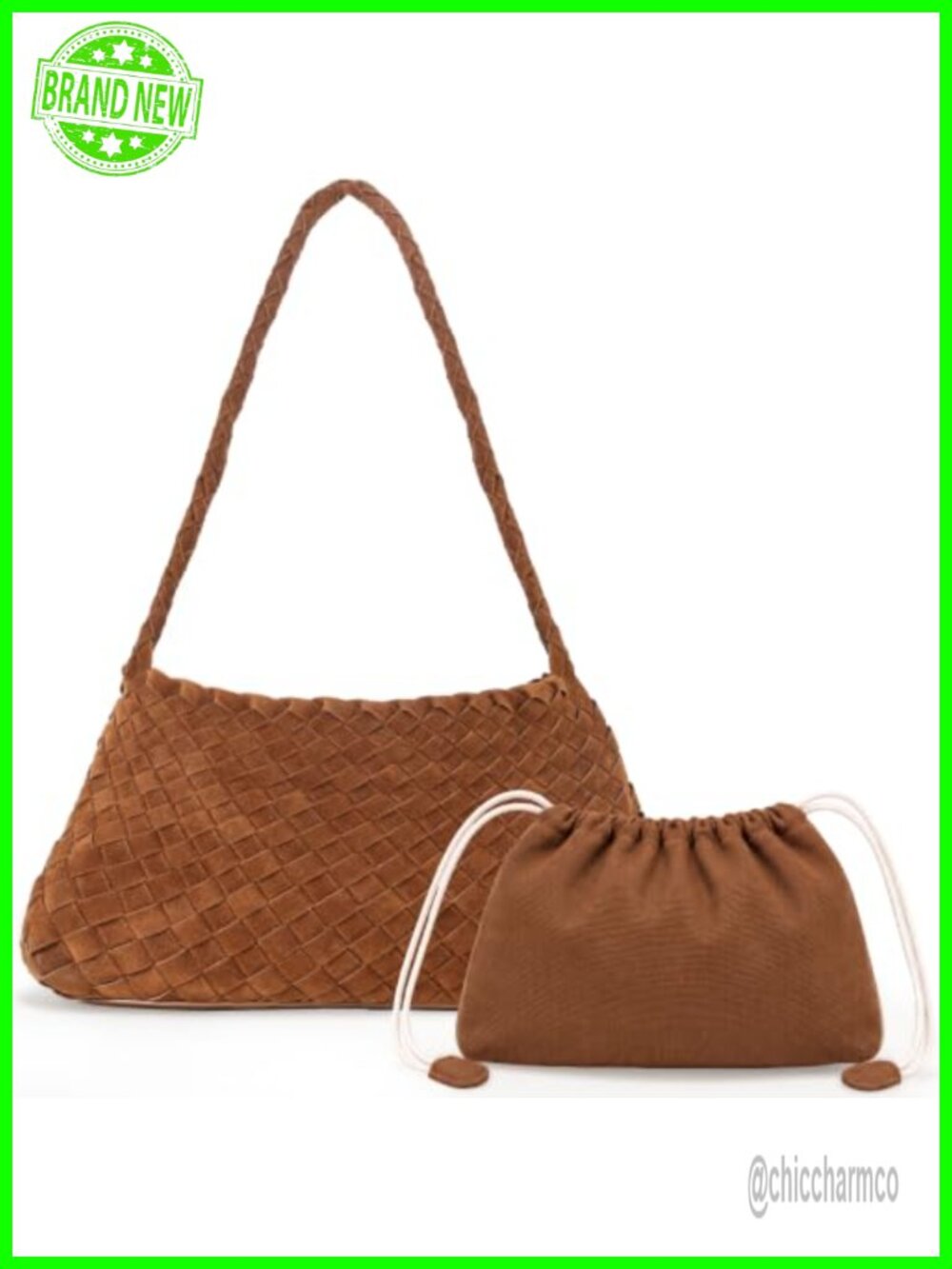 Woven Faux Suede Slouchy Tote Purse with Canvas Drawstring Pouch